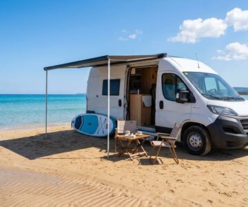 Autocaravana en la playa con tabla de paddle surf y mesa exterior, viaje en camper con Libertad Sobre Ruedas junto al mar