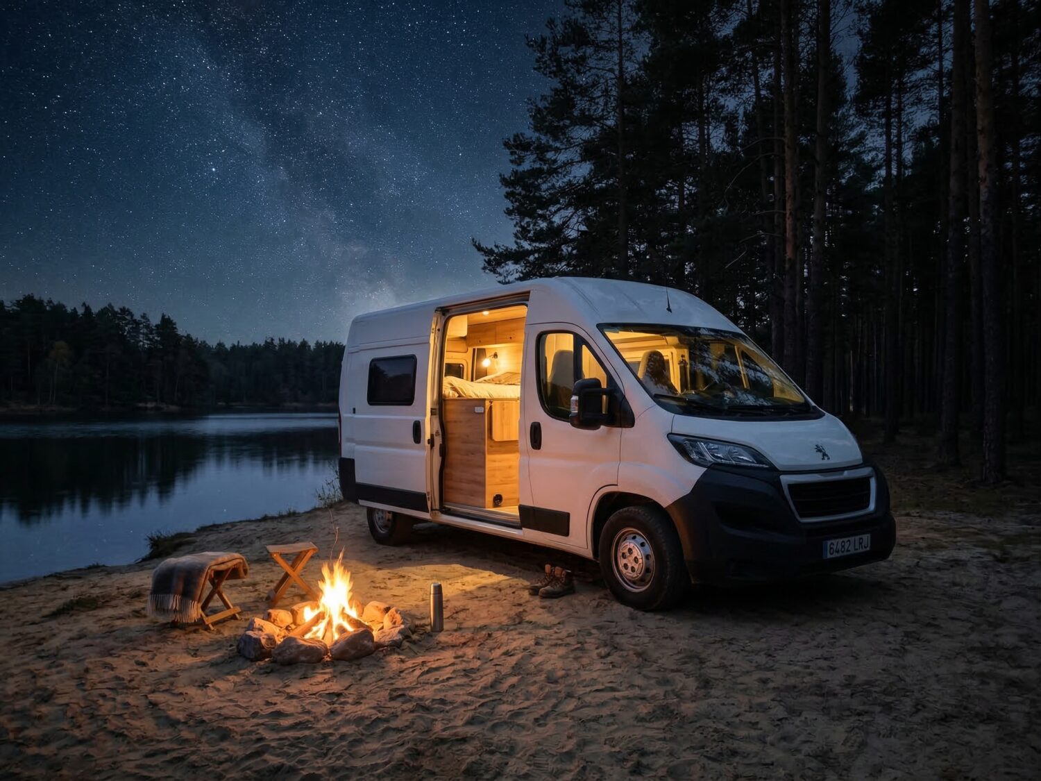 Autocaravana junto a lago por la noche con fogata y cielo estrellado, viaje en camper con Libertad Sobre Ruedas en plena naturaleza